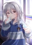  1girl blush bottle convenience_store drinking grey_hair highres holding holding_bottle hood hoodie hoshi_syoko idolmaster idolmaster_cinderella_girls long_hair looking_at_viewer marieshi pink_eyes shop smile solo upper_body 