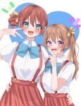  2girls :d aqua_eyes arm_around_waist blue_bow blue_bowtie blush bow bowtie breasts brown_hair collared_shirt commentary drill_hair emma_verde hair_between_eyes hair_ribbon hand_on_another&#039;s_waist heart height_difference highres konoe_kanata large_breasts light_brown_hair long_hair looking_at_viewer love_live! love_live!_nijigasaki_high_school_idol_club matching_outfits multiple_girls open_mouth osora_dao pleated_skirt red_skirt ribbon shirt short_sleeves side_drill side_ponytail skirt smile standing suspender_skirt suspenders twitter_username upper_body v v_over_mouth violet_eyes white_background white_shirt 