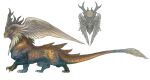  black_horns concept_art feathered_wings final_fantasy final_fantasy_xiv from_side full_body fur-tipped_tail head_wings horns monster nagamine_hiroyuki no_humans official_art orange_eyes profile ra-la_(ff14) scales simple_background tail third-party_source white_background wings 