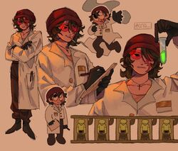  1boy ambiguous_green_liquid beanie black_eyes brown_background brown_pants brown_shirt chibi chibi_inset cigarette coat cross cross_necklace crossed_arms dream_smp glowing gold_buttons hat heterochromia highres holding holding_paper holding_pen jewelry lab_coat mad_scientist male_focus minecraft_youtube monster_boy multiple_views necklace non-web_source pants paper pen qtiq quackity red-tinted_eyewear red_beanie red_hat scar scar_across_eye scar_on_cheek scar_on_face shirt signature slime_boy smile smoking standing stasis_tank sunglasses test_tube tinted_eyewear white_coat white_eyes writing 