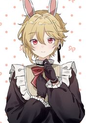  1boy alternate_costume animal_ears artistic_error bishounen blonde_hair capelet closed_mouth commentary dot_nose ensemble_stars! fake_animal_ears frilled_capelet frills hand_on_own_chest hands_up highres jaggy_lines light_smile long_sleeves looking_at_viewer male_focus nito_nazuna polka_dot polka_dot_background puffy_long_sleeves puffy_sleeves rabbit_ears solo straight-on symbol-only_commentary upper_body white_background zeniaguan 