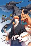  1boy animal_on_shoulder arcanine asure_(asure_twi) bleach blue_eyes brown_eyes charizard claws collarbone colored_sclera crossover dragon dragon_horns dragon_wings fangs gradient_background green_eyes hand_on_belt highres horns kurosaki_ichigo looking_at_animal luxury_ball lycanroc lycanroc_(dusk) obi open_mouth orange_hair pawmi poke_ball pokemon pokemon_(creature) red_sclera sash shihakusho size_difference smile spiky_hair tail umbreon white_sash wide_sleeves wings yellow_eyes zekrom 