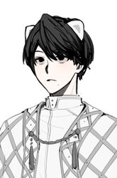  1boy animal_ears bear_ears black_eyes black_hair chinese_commentary commentary_request jacket kadota_hiromi kamen_rider kamen_rider_revice male_focus mole mole_under_mouth sanpaku shirt short_hair simple_background solo tassel upper_body v0veiling white_background white_jacket white_shirt 