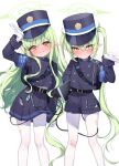  2girls absurdres armband belt black_belt black_hat black_shirt black_skirt black_tail blue_archive blue_armband blush buttons closed_mouth demon_tail double-breasted fang gloves green_hair green_halo halo hat highlander_sidelocks_conductor_(blue_archive) highlander_twintails_conductor_(blue_archive) highres ineka_ka long_hair long_sleeves looking_at_viewer miniskirt multiple_girls open_mouth pantyhose peaked_cap pleated_skirt pointy_ears shirt simple_background skin_fang skirt smile tail tail_around_own_leg twintails very_long_hair white_background white_gloves white_pantyhose yellow_eyes 