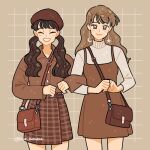  2girls bag belt beret blunt_bangs brown_background brown_bag brown_belt brown_dress brown_eyes brown_hair brown_hat brown_jacket brown_skirt brown_theme buttons clenched_hands closed_eyes closed_mouth collared_shirt commentary cowboy_shot crescent crescent_earrings dress drop_earrings earrings emily_kim english_commentary eyelashes fashion grid_background grin hair_over_shoulder hat instagram_username jacket jewelry light_blush lipstick locked_arms long_hair long_sleeves makeup miniskirt mismatched_earrings multiple_girls o-ring o-ring_belt original own_hands_together photo-referenced plaid plaid_skirt shirt short_dress shoulder_bag simple_background skirt sleeveless sleeveless_dress sleeves_past_wrists smile spaghetti_strap sparkle star_(symbol) star_earrings straight-on studded_belt sweater turtleneck turtleneck_sweater twintails wavy_hair white_sweater 