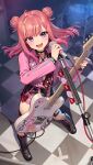  1girl :d absurdres ahoge asymmetrical_legwear audio_cable black_choker black_footwear blurry blurry_background blush boots cable checkered_floor choker cross-laced_footwear double_bun electric_guitar fishnet_pantyhose fishnets from_above guitar hair_bun haruka_mikoto highres holding holding_microphone instrument jacket kaito_(k4itoh) looking_at_viewer medium_hair microphone microphone_cord microphone_stand mismatched_legwear multicolored_hair music open_clothes open_jacket open_mouth pantyhose pink_hair pink_jacket plectrum singing single_fishnet_legwear single_thighhigh smile solo standing streaked_hair thigh-highs two-tone_hair utagoe_housoubu violet_eyes virtual_youtuber white_hair 