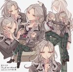  1boy bad_id bad_pixiv_id brown_footwear closed_mouth collared_shirt couch crossed_arms crossed_legs ensemble_stars! finger_to_mouth green_pants grey_hair grey_jacket hair_between_eyes hand_up highres jacket loafers long_hair long_sleeves male_focus meremero multiple_views necktie on_couch pants plaid plaid_pants ponytail ran_nagisa red_eyes school_uniform shirt shoes shuetsu_school_uniform sitting standing standing_on_one_leg striped_necktie translation_request white_shirt 