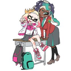  2girls backpack bag crown dark-skinned_female dark_skin desk gradient_hair headphones highres marina_(splatoon) multicolored_hair multiple_girls on_desk pearl_(splatoon) samochau school_desk school_uniform sitting splatoon_(series) tentacle_hair white_background 