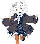  1girl animal_ears arknights badge bear_ears bright_pupils brown_jacket button_badge collarbone foot_out_of_frame gummy_(arknights) jacket long_sleeves orange_eyes orange_nails orange_thighhighs outstretched_arms partially_colored sailor_collar short_hair simple_background skirt sleeves_past_wrists solo thigh-highs twintails yun_(dust-i1) 