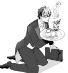  1boy another_eidos-r blush butler full_body glasses hair_over_one_eye holding holding_plate itaru_(kidomh63) kneeling looking_at_viewer male_focus multicolored_hair plate short_hair solo suit sweatdrop thorkell_(another_eidos) translation_request two-tone_hair 