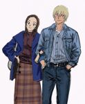  1boy 1girl amuro_tooru bag blonde_hair blue_coat blue_eyes brown_hair coat commentary_request couple cowboy_shot dark-skinned_male dark_skin denim denim_jacket enomoto_azusa green_eyes hair_between_eyes handbag hands_in_pockets highres jacket long_skirt looking_ahead masso meitantei_conan simple_background skirt smile sweater watch watch 