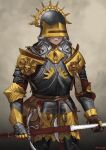  1girl armor breastplate copyright_request gauntlets gloves grey_hair helmet highres holding long_hair nnnmengmeng shoulder_armor simple_background smile solo sword weapon 