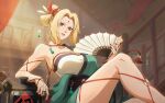  armpits artist_request blonde_hair coin coin_on_string facial_mark folding_fan forehead_mark game_cg gourd green_kimono hand_fan highres japanese_clothes kimono kimono_partially_removed nail_polish naruto naruto_(series) non-web_source tsunade_(naruto) 