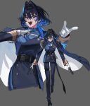  1girl adjusting_clothes belt black_belt blue_cape blue_eyes blue_hair blue_jacket blue_necktie blue_pants blue_shirt cape collared_shirt colored_inner_hair dual_wielding eus_ing fangs gloves gradient_hair gun hair_between_eyes hair_intakes handgun highres holding holding_gun holding_weapon hololive hololive_english jacket long_hair long_sleeves looking_at_viewer military_jacket military_uniform multicolored_hair necktie necktie_grab neckwear_grab open_mouth ouro_kronii pants shirt smile solo uniform virtual_youtuber weapon white_gloves 