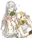  1boy 1girl adjusting_hair arm_tattoo bare_shoulders blonde_hair brown_gloves chest_tattoo dress dungeon_meshi elf fleki gloves gorget green_eyes grey_dress grey_hair grin hands_in_hair highres long_hair low_twintails lycion navel notched_ear oejikim pointy_ears single_glove sleeveless sleeveless_dress smile tattoo tongue tongue_out topless_male twintails tying_hair violet_eyes 