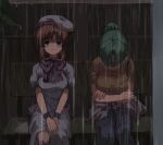  2girls bow bowtie breasts brown_hair dress green_hair highres higurashi_no_naku_koro_ni looking_down multiple_girls purple_bow purple_bowtie rain rxnal0 ryuuguu_rena shirt sonozaki_shion wet wet_clothes white_dress white_hat yellow_shirt 