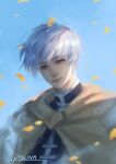  1boy absurdres bishounen blue_sky cape day falling_leaves grey_eyes grey_hair highres himmel_(sousou_no_frieren) leaf looking_at_viewer male_focus mole mole_under_eye outdoors piscina short_hair sky sousou_no_frieren yellow_cape 