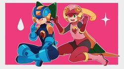  1boy 1girl 3suisousui animal_ears black_bodysuit blonde_hair blue_bodysuit blue_footwear blue_helmet blush bodysuit boots border cat_ears fake_animal_ears full_body green_eyes helmet highres leotard long_hair mega_man_(series) mega_man_battle_network_(series) megaman.exe netnavi one_eye_closed pink_background pink_footwear pink_helmet pink_leotard roll.exe_(mega_man) short_hair smile spiky_hair white_border 