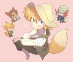  4boys animal_ears belt blue_cape br&#039;er_fox_(disney) brown_belt brown_hair brown_vest cane cape chibi commentary fox_boy fox_ears fox_tail green_eyes green_hat green_pants green_shirt green_tunic grey_eyes hair_between_eyes hat heart holding holding_cane honest_john_(disney) humanization invisible_chair looking_at_viewer multiple_boys necktie nick_wilde orange_hair pants pink_background pinocchio_(disney) purple_necktie redhead robin_hood_(disney) robin_hood_(disney)_(character) shirt sitting smile song_of_the_south species_connection tail top_hat uochandayo vest white_shirt yellow_eyes yellow_hat zootopia 