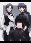  2boys abs absurdres belt black_hair blue_eyes blue_hair chain chain_necklace crop_top earrings fangs highres jacket jewelry judal long_hair magi_the_labyrinth_of_magic male_focus multiple_boys navel necklace pants pepshi506 red_eyes ren_hakuryuu scar shirt short_hair tongue tongue_out turtleneck 
