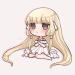  1girl blonde_hair blush brown_eyes chibi chii chiisana_rie chobits colored_shadow commentary dress frilled_dress frills highres long_hair low-tied_sidelocks puffy_short_sleeves puffy_sleeves shadow short_sleeves simple_background sitting solo very_long_hair white_background white_dress 