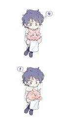  ! 1boy animal_on_lap animalization black_footwear blue_hair boots capelet closed_mouth commentary cross-laced_footwear gigantea_pp grey_eyes hatsutori_hajime heart highres invisible_chair lace-up_boots long_sleeves male_focus on_lap open_mouth rabbit saibou_shinkyoku short_hair simple_background sitting smile spoken_exclamation_mark symbol-only_commentary thought_bubble utsugi_noriyuki white_capelet 