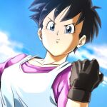  1girl bad_link black_hair blue_eyes clenched_hand closed_mouth clouds collarbone dragon_ball dragon_ball_z fingerless_gloves gloves looking_at_viewer lowres shirt short_hair solo videl white_shirt 