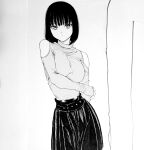  1girl bad_id bad_pixiv_id bare_shoulders black_hair black_skirt breasts dende_(dndn222) facing_viewer greyscale highres large_breasts looking_at_viewer monochrome original scan scan_artifacts short_hair skirt solo standing traditional_media 
