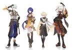  1girl 3boys aether_(genshin_impact) ahoge alternate_hair_length alternate_hairstyle arm_up armor arms_behind_back arms_up asymmetrical_sleeves baggy_pants bandaged_arm bandages bare_shoulders bell belt bennett_(genshin_impact) black_belt black_footwear black_gloves blonde_hair blue_hair blue_pants boots bow braid breasts brown_belt brown_bow brown_dress brown_footwear brown_gloves brown_pants brown_scarf brown_shirt buttons cape chinese_clothes chinese_commentary closed_mouth collared_shirt commentary_request crossed_arms dress earrings fingerless_gloves flower_knot full_body genshin_impact gloves goggles goggles_around_neck gold_trim green_eyes grey_gloves grey_hair grey_shirt hair_between_eyes hair_ornament hair_ribbon hairpin half-closed_eyes hand_on_own_head hand_on_own_hip highres japanese_clothes jewelry kaedehara_kazuha l0017_jr leaf leaf_print leg_warmers long_hair long_sleeves looking_at_another looking_at_viewer maple_leaf maple_leaf_print medium_breasts multicolored_hair multiple_boys navel neck_ribbon one_eye_closed open_mouth pants pelvic_curtain pom_pom_(clothes) ponytail red_eyes red_pants red_ribbon redhead reflection ribbon sandals scarf shirt short_dress short_hair short_sleeves shoulder_armor simple_background single_earring single_sidelock sleeveless sleeveless_shirt smile socks standing star_(symbol) striped_bow tassel two-sided_gloves two-tone_hair two-tone_shirt white_background white_hair white_ribbon white_scarf white_shirt white_socks wide_sleeves wing_collar xiangling_(genshin_impact) yellow_cape yellow_eyes 