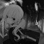  1girl 666 absurdres bag bag_charm bags_under_eyes black_eyes blush charm_(object) closed_mouth distortion empty_eyes eyebrows_hidden_by_hair freckles from_behind greyscale grin hair_between_eyes hand_up highres holding_strap long_hair long_sleeves looking_at_viewer looking_back monochrome noroi_(rnatataki) original photo_background revision school_bag school_uniform side_ponytail sleeves_past_wrists smile solo translation_request upper_body 