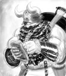  1boy absurdres alternate_muscle_size beard biceps big_nose cowboy_shot dungeon_meshi dwarf facial_hair fake_horns greyscale hat_over_one_eye helmet highres holding holding_notebook horned_helmet horns jackie_skelly long_beard male_focus mature_male monochrome muscular muscular_male notebook realistic senshi_(dungeon_meshi) sketch solo standing thick_mustache tsurime very_long_beard writing 