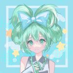  1girl blue_background blue_bow bow cinnamiku closed_mouth detached_sleeves dot_nose folded_twintails green_eyes green_hair green_necktie grey_shirt hatsune_miku highres inset_border looking_ahead necktie ranico shirt smile solo star_(symbol) twitter_username upper_body vocaloid 