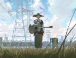  1boy acoustic_guitar arm_at_side black_robe brown_hair building closed_mouth clouds cloudy_sky day drum_(container) field fire grass guitar hand_rest highres instrument long_sleeves looking_at_viewer male_focus outdoors power_lines purple_fire reoen robe scenery shirt short_hair shoulder_strap sinsekai_studio sky smile solo standing tobia_(sinsekai) transmission_tower violet_eyes virtual_youtuber white_shirt wide_brim wide_shot 
