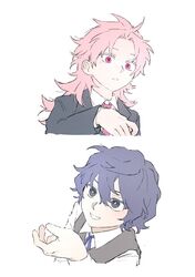  2boys black_eyes black_jacket blue_eyes blue_ribbon bright_pupils collared_shirt colored_eyelashes gigantea_pp grey_vest hair_between_eyes hand_up hatsutori_hajime jacket long_hair long_sleeves male_focus multiple_boys neck_ribbon necktie parted_bangs pink_eyes pink_hair pink_necktie ribbon saibou_shinkyoku shirt short_hair simple_background smile suit_jacket utsugi_noriyuki vest white_background white_pupils white_shirt 