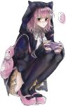  ... 1girl bag black_jacket danganronpa_(series) danganronpa_2:_goodbye_despair handheld_game_console highres hood hooded_jacket jacket medium_hair nanami_chiaki pi_no_(qqy6xxf8zxmbvyy) pink_hair pleated_skirt simple_background skirt solo speech_bubble violet_eyes white_background 