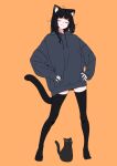  1girl :3 animal_ear_fluff animal_ears black_cat black_hair black_thighhighs blunt_bangs blush_stickers cat cat_ears cat_girl cat_tail closed_eyes commentary_request drawstring full_body grey_hoodie hands_on_own_hips highres hood hood_down hoodie legs_apart long_hair long_sleeves megateru orange_background original oversized_clothes simple_background sleeves_past_wrists solo standing tail thigh-highs zettai_ryouiki 