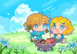  +_+ 1boy 1girl arm_up blonde_hair blue_eyes boned_meat braid brown_gloves chibi clouds commentary crown_braid english_commentary feeding flower flying_sweatdrops food gloves grass hair_ornament hairclip highres holding holding_spoon link log meat mimpish mushroom princess_zelda sitting spoon the_legend_of_zelda the_legend_of_zelda:_tears_of_the_kingdom 