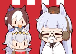  3girls :i ahoge black-framed_eyewear black_bow blue_shirt blush_stickers bow brown_hair brown_hat brown_jacket bucket chibi chicken_(food) closed_eyes closed_mouth colonel_sanders colonel_sanders_(cosplay) commentary_request cosplay ear_bow ear_covers eating fake_beard fake_facial_hair fake_mustache food glasses gold_ship_(umamusume) gomashio_(goma_feet) grey_hair hat jacket kfc long_hair mini_hat multicolored_hair multiple_girls oguri_cap_(umamusume) puffy_cheeks purple_bow red_background shirt special_week_(umamusume) two-tone_hair very_long_hair wavy_mouth white_hair white_jacket white_shirt |_| 