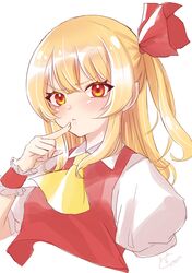  0002koko 1girl :&lt; absurdres ascot blonde_hair blush closed_mouth collared_shirt commentary_request cropped_torso eyelashes finger_to_mouth flandre_scarlet frilled_wrist_cuffs frills frown hair_between_eyes hair_ribbon hand_up highres index_finger_raised long_hair looking_at_viewer no_headwear one_side_up puffy_short_sleeves puffy_sleeves red_eyes red_ribbon red_vest red_wrist_cuffs ribbon shirt short_sleeves sidelocks signature simple_background solo straight_hair touhou tsurime upper_body vest white_background white_shirt wrist_cuffs yellow_ascot 