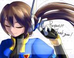  1girl absurdres adjusting_hair aile_(mega_man_zx) asso_(asso_648) black_bodysuit blue_jacket bodysuit bodysuit_under_clothes brown_hair closed_eyes commentary_request hair_tie highres jacket long_hair mega_man_(series) mega_man_zx mega_man_zx_advent open_clothes open_jacket ponytail robot_ears simple_background smile solo thank_you translation_request upper_body white_background 