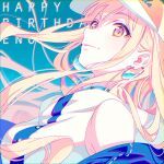  1girl absurdres akroglam baseball_cap blonde_hair blue_background brown_eyes character_name closed_mouth commentary_request earrings eno_(akroglam) happy_birthday hat highres hoop_earrings jewelry long_hair looking_at_viewer natsuharu smile solo sparkle upper_body wind 