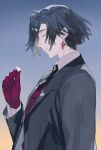  1boy black_hair black_jacket black_necktie blue_background closed_eyes collared_shirt constantine_xi_(fate) curtained_hair dangle_earrings earrings fate/grand_order fate_(series) flower from_side gloves gradient_background hair_between_eyes highres holding holding_flower jacket jewelry kitada male_focus necktie parted_lips profile red_gloves red_vest shirt short_hair solo suit_jacket upper_body vest white_flower white_shirt yellow_background 