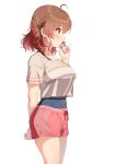  1girl alternate_costume blush bouncing_breasts breasts brown_eyes brown_hair closed_mouth collarbone commentary_request covered_navel gakuen_idolmaster hanami_ume highres idolmaster kamille_(vcx68) large_breasts looking_to_the_side medium_hair shorts simple_background solo standing white_background 
