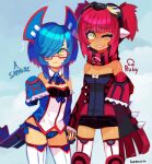  2girls alpha_symbol blue_hair blue_panties blue_shirt blush bow breasts detached_collar detached_sleeves embarrassed frilled_sleeves frills glasses goggles greek_letters groudon hair_over_eyes holding_hands hopebiscuit humanization kyogre long_sleeves multiple_girls omega_symbol one_eye_closed open_mouth panties personification pokemon pokemon_oras red-framed_eyewear red_scarf red_shirt redhead scarf sharp_teeth shirt short_hair short_shorts shorts simple_background smile spikes sweat tan teeth thigh-highs twintails underwear white_nails white_thighhighs yellow_eyes 