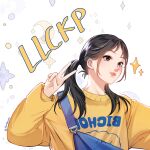  1girl absurdres black_eyes black_hair blush highres jkt48 lulu_salsabila pia_meraleo_(artist) pink_lips simple_background solo sweater twintails v yellow_sweater 