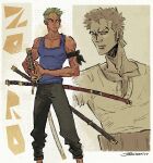  1boy artist_name bandana_around_arm blue_tank_top earrings english_commentary feet_out_of_frame green_hair haramaki highres jamisonrivv jewelry katana looking_to_the_side male_focus multiple_views one_piece roronoa_zoro shirt short_hair sideburns solo sword tank_top v-shaped_eyebrows weapon 