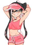  1girl absurdres alternate_costume arms_behind_head black_hair callie_(splatoon) colo_(nagrolaz) earrings grin highres inkling jewelry long_hair midriff navel pointy_ears simple_background smile splatoon_(series) tentacle_hair toned twintails visor_cap white_background yellow_eyes 