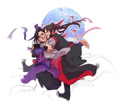  2boys artist_name black_hair black_hanfu blue_background blue_eyes brown_hair circle closed_eyes floral_background floral_print full_body glomp hair_bun hair_ribbon hug jiang_cheng long_sleeves male_focus modao_zushi multiple_boys multiple_girls one_eye_closed open_mouth ponytail purple_hanfu purple_ribbon red_ribbon red_trim ribbon ribboned_xiao_guan single_hair_bun smile wei_wuxian white_background wide_sleeves xiao_guan_(headdress) yutaan 