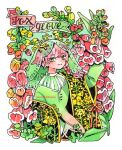  1girl banner black_shawl border braid color_contrast commentary crown english_commentary english_text floral_print flower foxglove green_background green_eyes green_shirt green_veil hair_ornament hand_up looking_at_viewer maruti_bitamin orange_flower original painting_(medium) plant_name poison print_shawl red_flower redhead see-through see-through_veil shawl shirt short_hair_with_long_locks side_braid smile solo traditional_media veil watercolor_(medium) white_border yellow_flower yellow_trim 