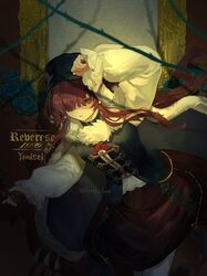  1girl arm_up black_hat black_vest blue_eyes bottle brown_background cape character_name copyright_name cowboy_shot cross_tie floating_hair flower fur-trimmed_cape fur_trim green_flower hair_over_one_eye hand_on_own_head hand_up hat highres holding holding_bottle leaning_forward long_hair long_sleeves lune_(illust_lune) miniskirt one_eye_covered pants pants_under_skirt parted_lips picture_frame puffy_long_sleeves puffy_sleeves red_cape red_skirt redhead reverse:1999 shirt skirt solo twitter_username vest white_pants white_shirt yenisei_(reverse:1999) 